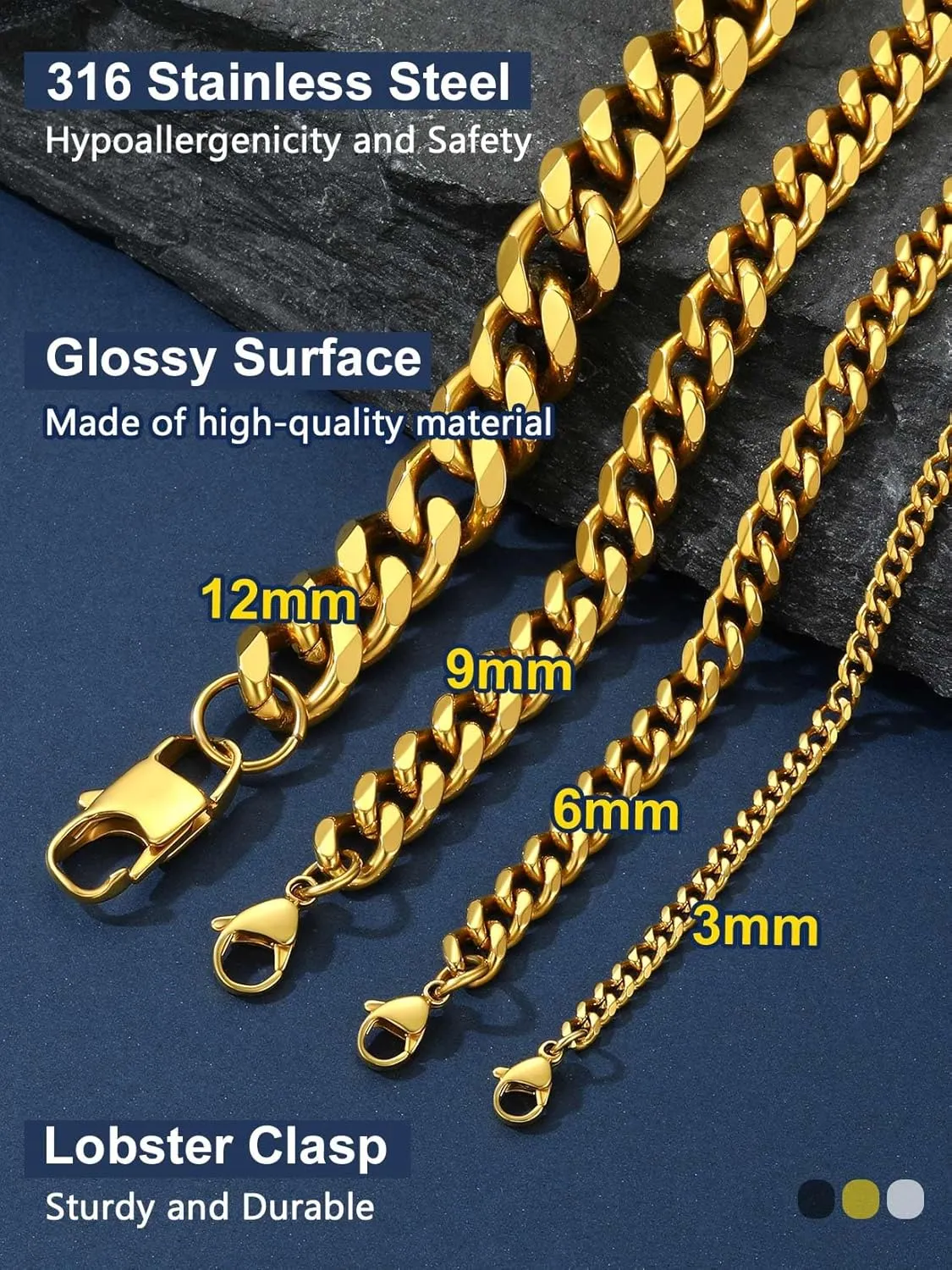 ChainsPro Stainless Steel Cuban Link Chains for Men,Silver/Black/Gold Plated Miami Cuban Chain Necklace 3/6/9/12mm Width,14"-30" Durable Mens Jewelry Gifts for Father's Day Valentine's Day Christmas
