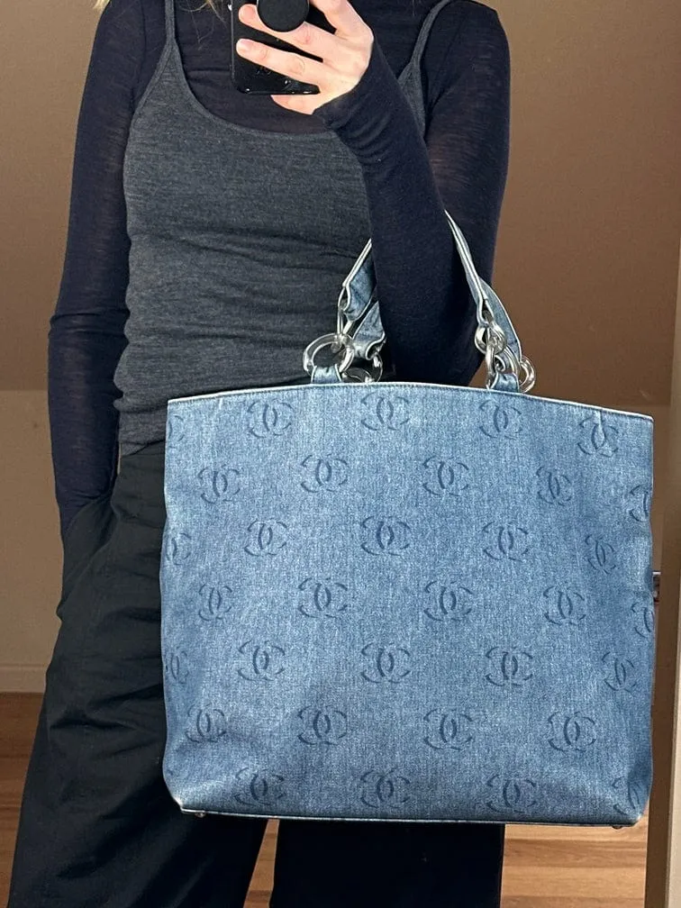 Chanel Blue Denim Tote Bag With CC Print