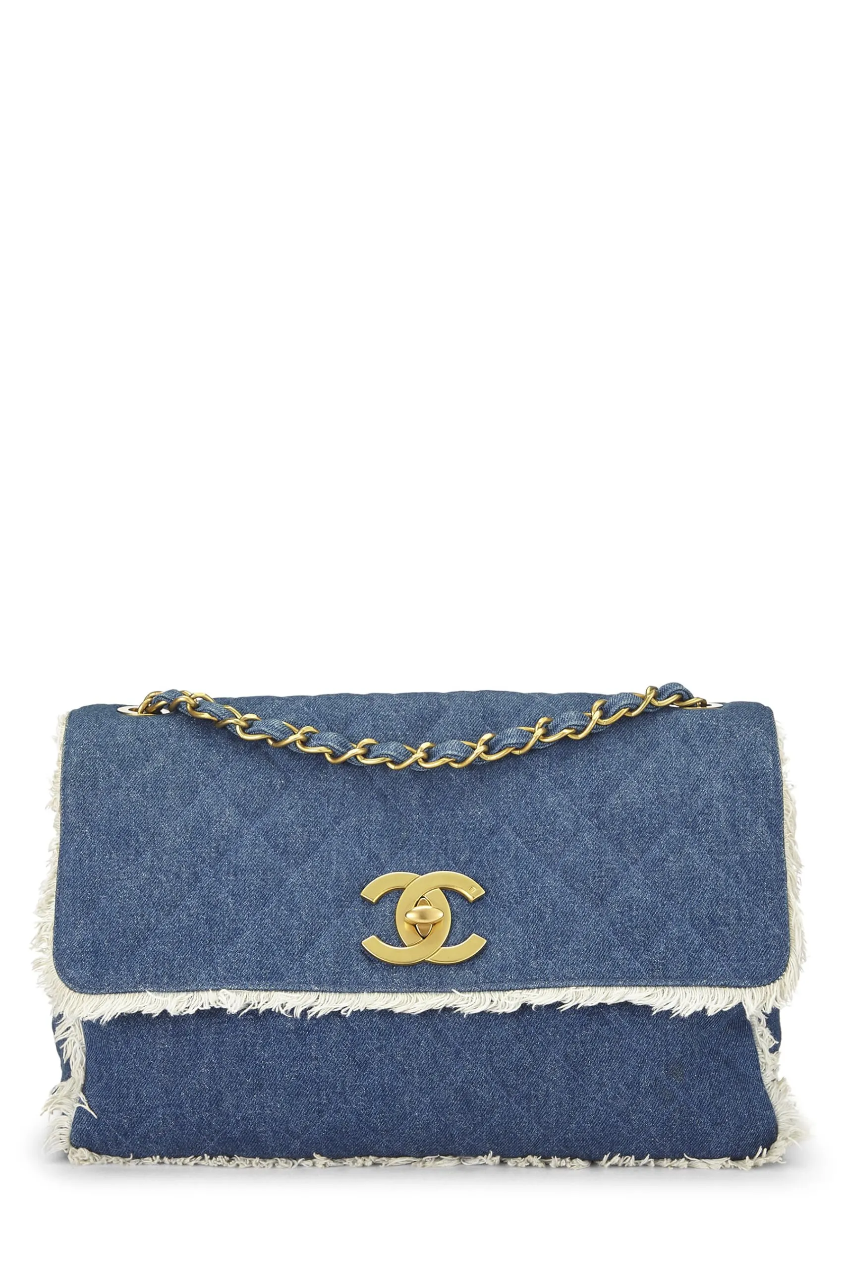 Chanel,  Blue Quilted Denim Half Flap Maxi, Blue