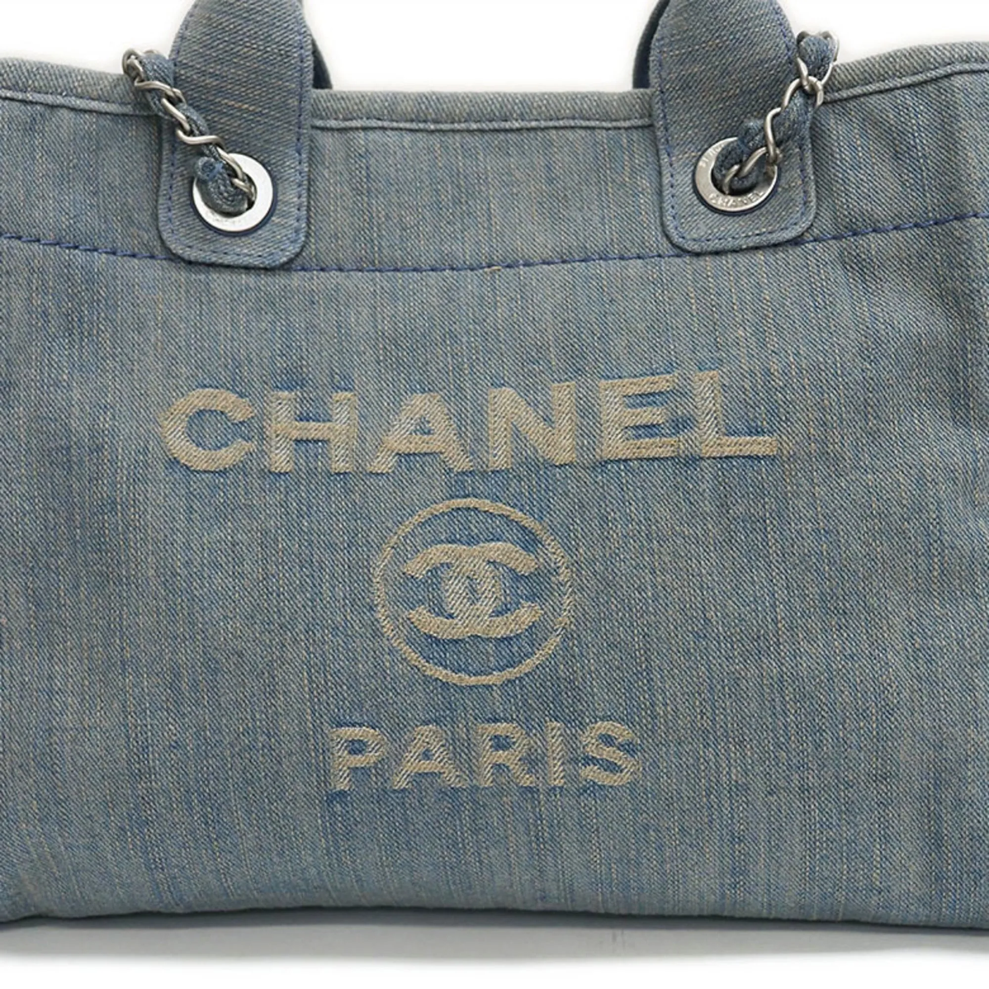 CHANEL Denim Shopping Bag Tote Light Blue Deauville Women's