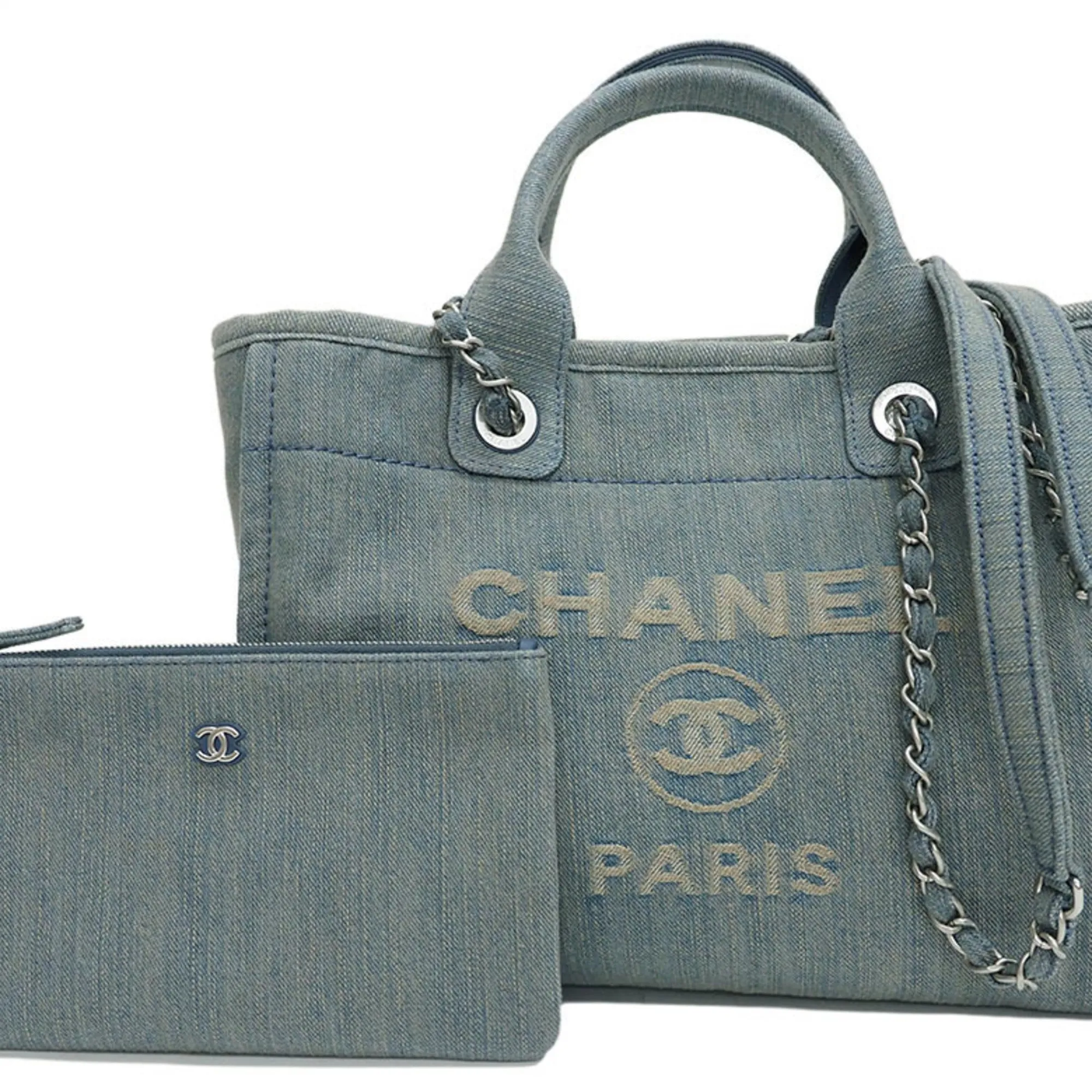 CHANEL Denim Shopping Bag Tote Light Blue Deauville Women's