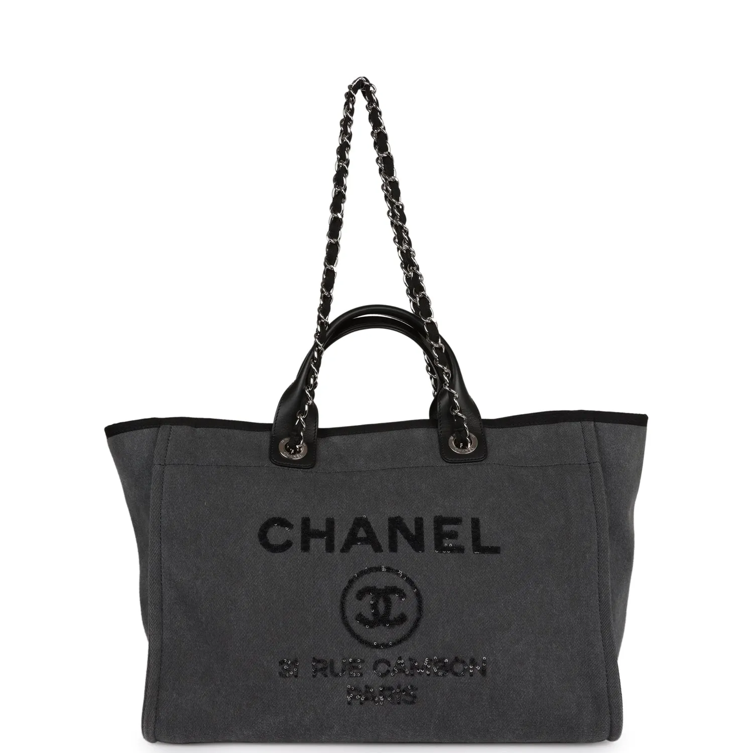 Chanel Medium Deauville Shopping Bag Dark Grey Denim Silver Hardware