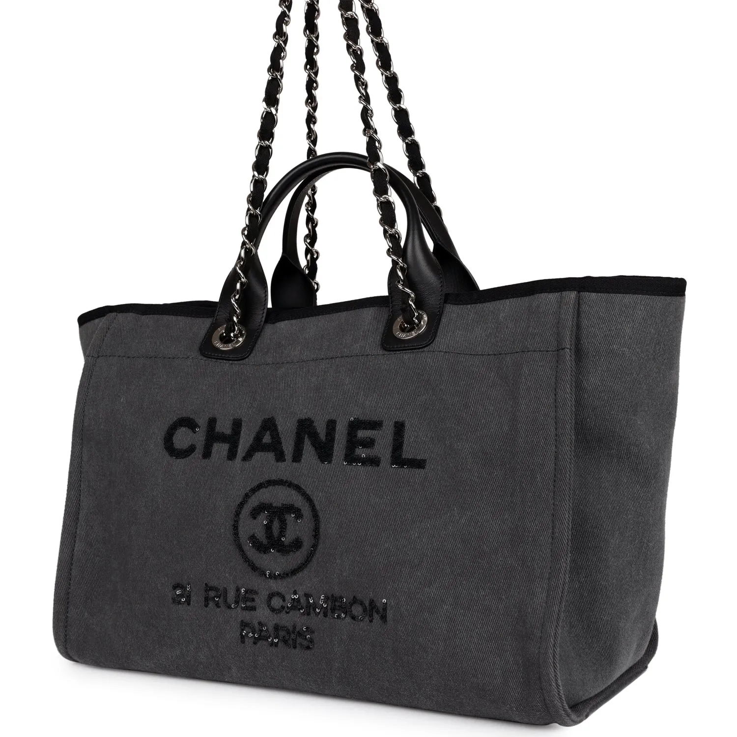 Chanel Medium Deauville Shopping Bag Dark Grey Denim Silver Hardware