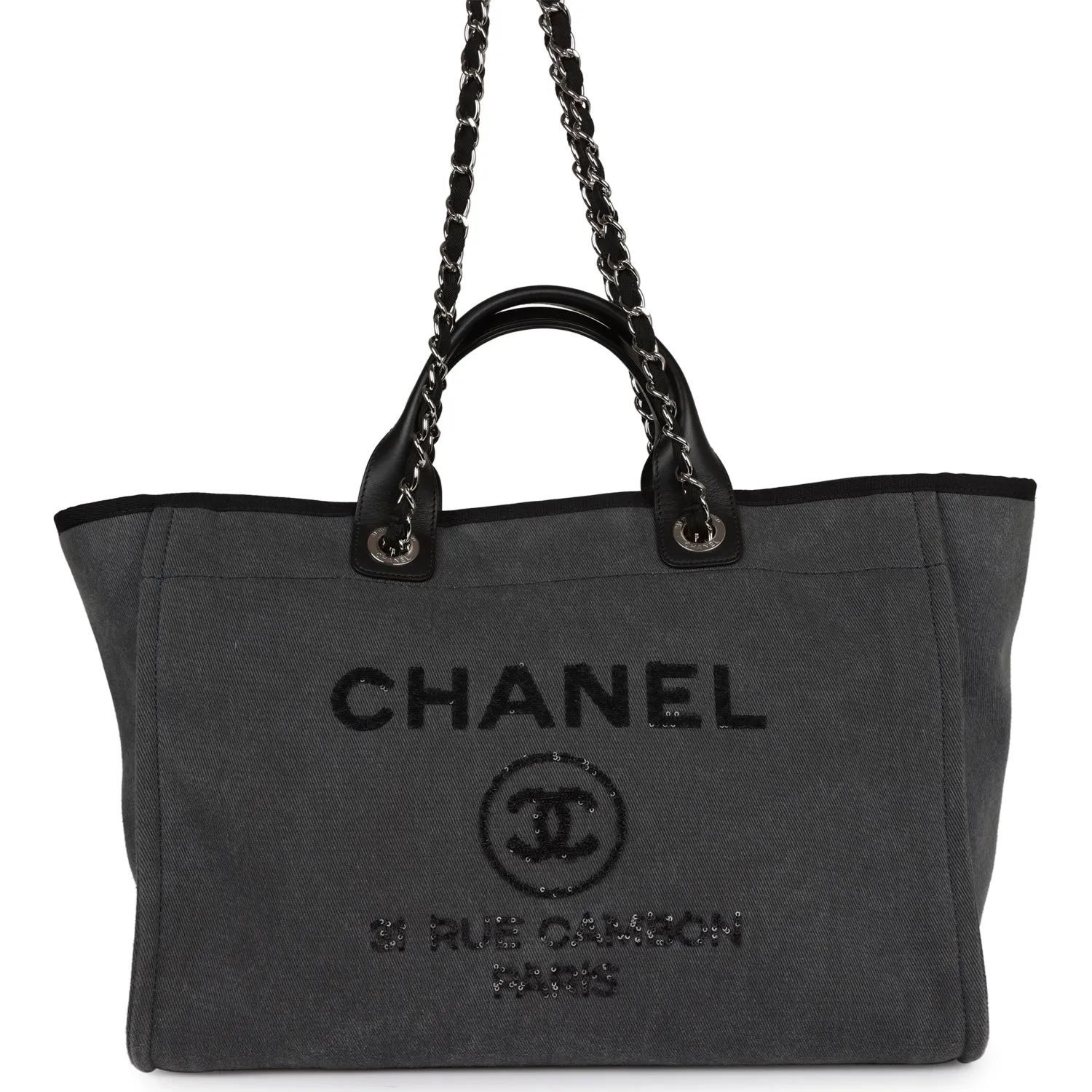 Chanel Medium Deauville Shopping Bag Dark Grey Denim Silver Hardware