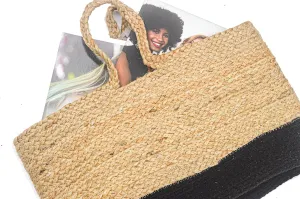 Chardin home Boho braided Jute Bag in all Natural Jute and black cotton | 12x16 in | Versatile, decorative, sturdy, stylish, bohemian all natural tote bag for shopping, storage, laundry or home décor