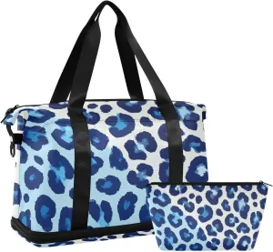 Cheetah Fur Skin Blue Sports Tote Gym Bag Carry on Weekender Overnight Bag with Adjustable Strap for Workout Foldable