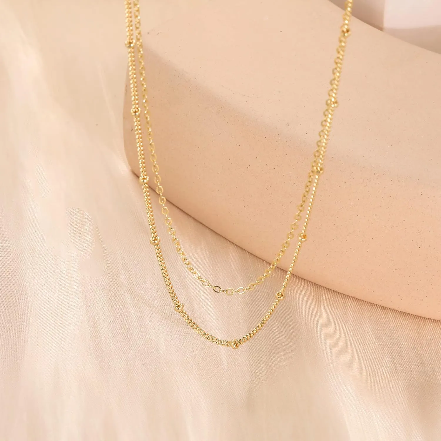 CHESKY Dainty Gold Necklace for Women, Trendy 14k Gold Plated/Sterling Silver Satellite Choker Necklace Thin Beaded Layered Choker Necklaces Discs Paperclip Chain Necklaces Womens Simple Jewelry Gift