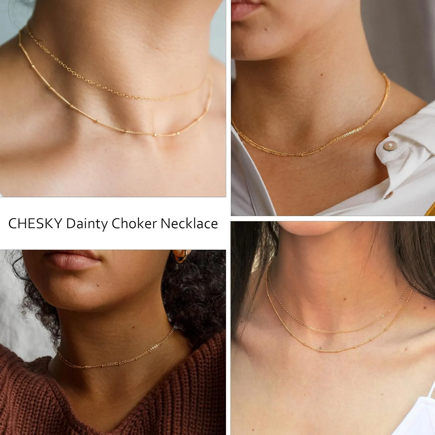 CHESKY Dainty Gold Necklace for Women, Trendy 14k Gold Plated/Sterling Silver Satellite Choker Necklace Thin Beaded Layered Choker Necklaces Discs Paperclip Chain Necklaces Womens Simple Jewelry Gift