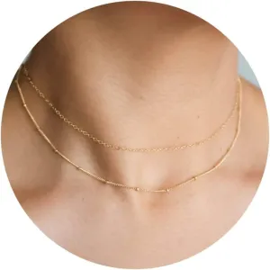 CHESKY Dainty Gold Necklace for Women, Trendy 14k Gold Plated/Sterling Silver Satellite Choker Necklace Thin Beaded Layered Choker Necklaces Discs Paperclip Chain Necklaces Womens Simple Jewelry Gift
