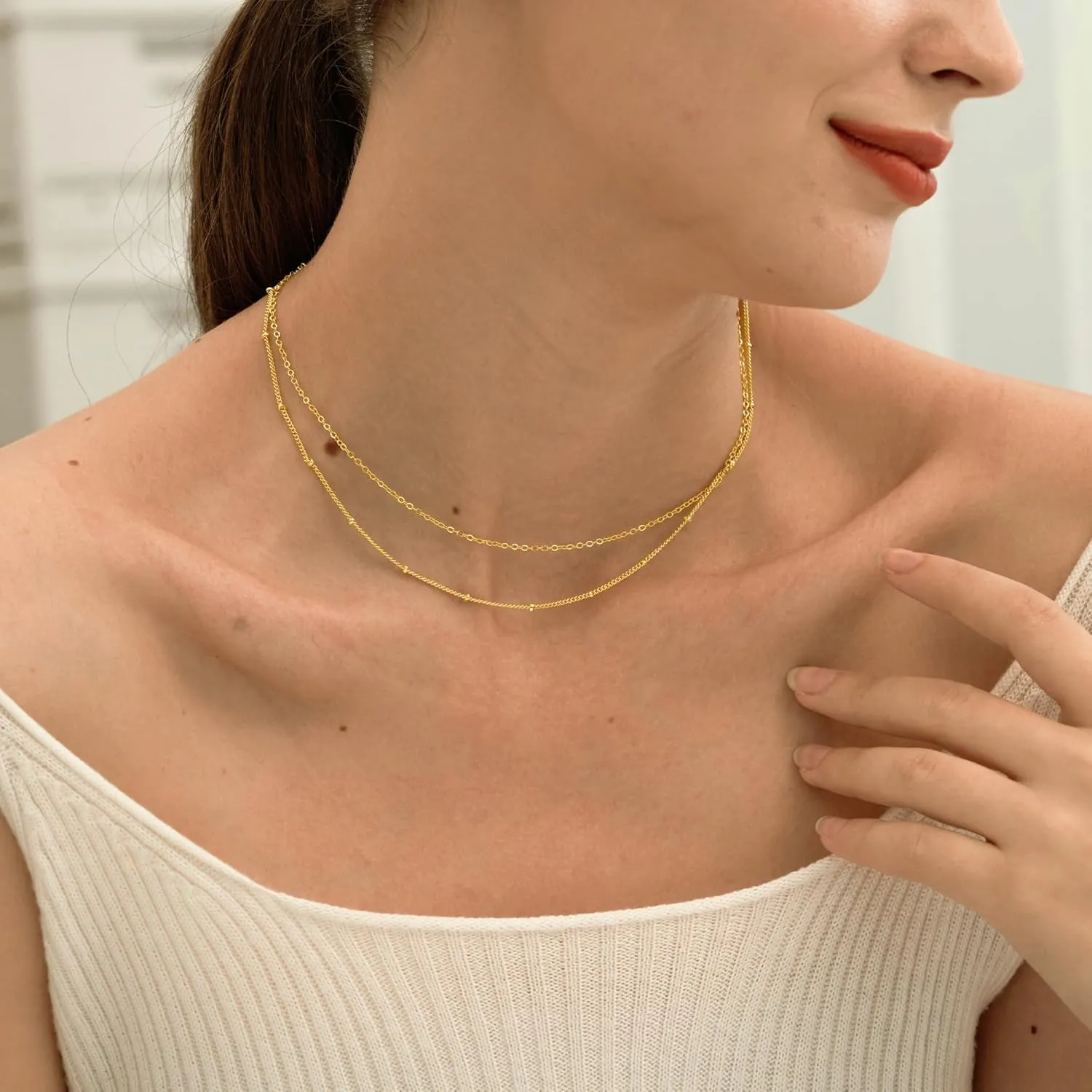 CHESKY Dainty Gold Necklace for Women, Trendy 14k Gold Plated/Sterling Silver Satellite Choker Necklace Thin Beaded Layered Choker Necklaces Discs Paperclip Chain Necklaces Womens Simple Jewelry Gift