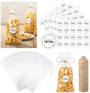 Chivertion 100 Sets Clear Popcorn Favor Bags Baby Shower Thank You Tags Natural Twine 4.9 x 10.8'' Clear Goodie Bag Favor Sticker 328 ft Packing String for Crafts Gift(Bright Style)
