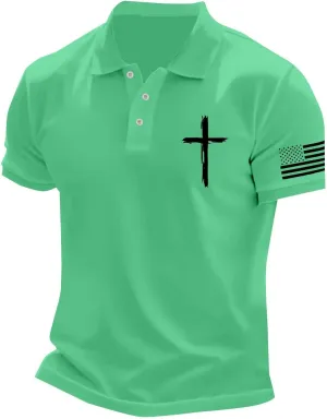 Christian Polo Shirts for Men Cross Jesus American USA Flag Golf Tshirts 4th of July Button Up Short Sleeve Clothes