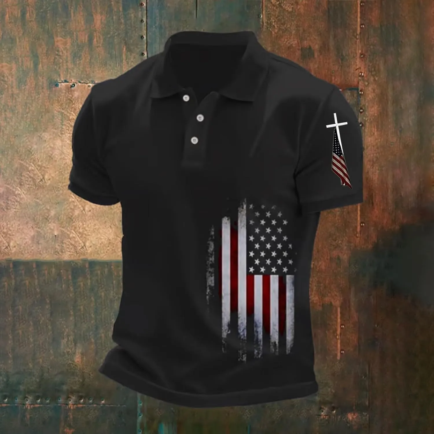 Christian Polo Shirts for Men Cross Jesus American USA Flag Golf Tshirts 4th of July Button Up Short Sleeve Clothes