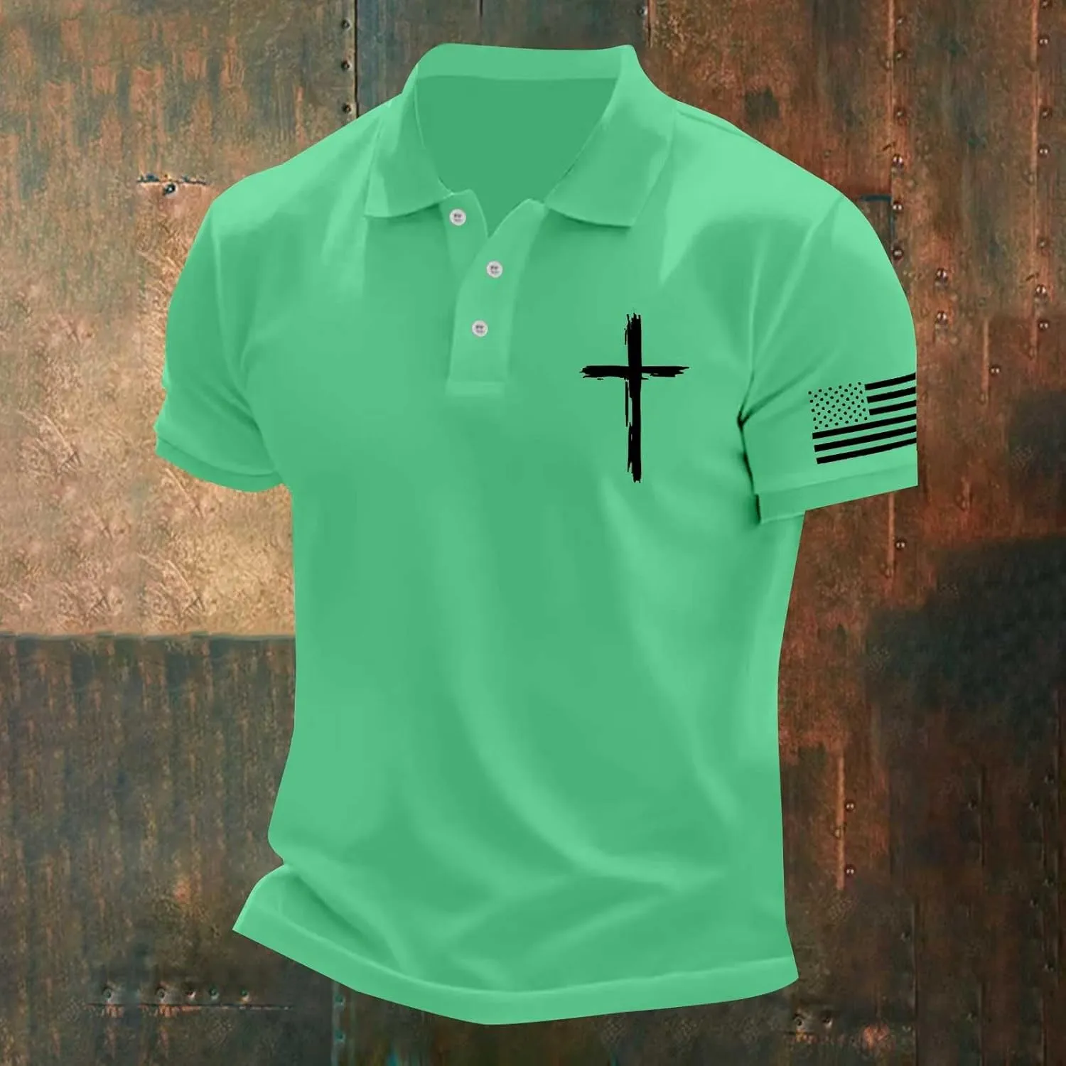 Christian Polo Shirts for Men Cross Jesus American USA Flag Golf Tshirts 4th of July Button Up Short Sleeve Clothes