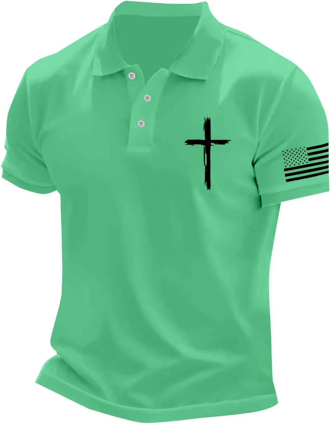 Christian Polo Shirts for Men Cross Jesus American USA Flag Golf Tshirts 4th of July Button Up Short Sleeve Clothes