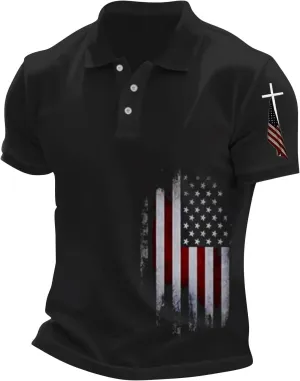 Christian Polo Shirts for Men Cross Jesus American USA Flag Golf Tshirts 4th of July Button Up Short Sleeve Clothes