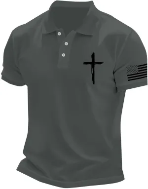 Christian Polo Shirts for Men Cross Jesus American USA Flag Golf Tshirts 4th of July Button Up Short Sleeve Clothes