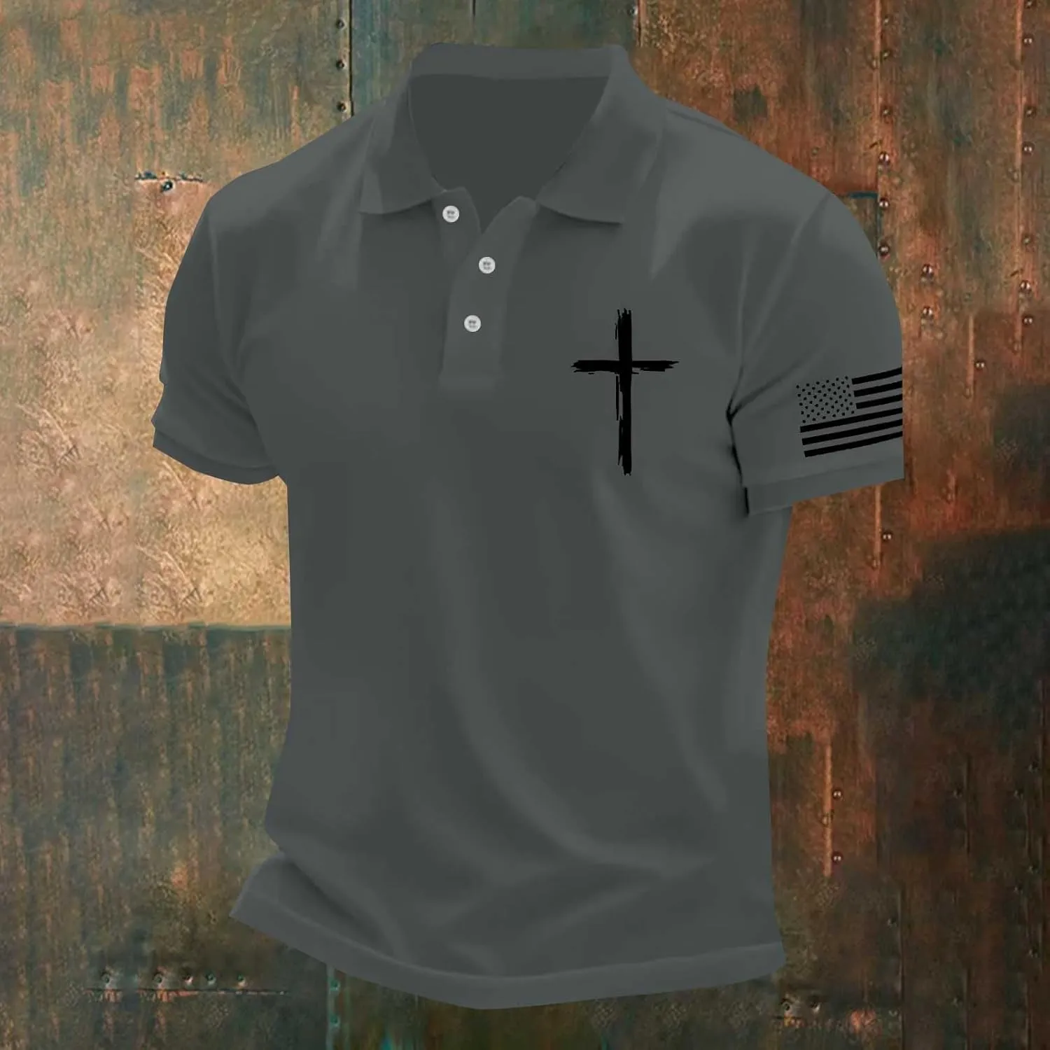 Christian Polo Shirts for Men Cross Jesus American USA Flag Golf Tshirts 4th of July Button Up Short Sleeve Clothes