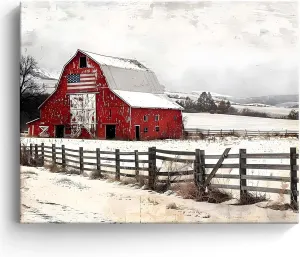 Christmas Canvas Wall Art Decor - Winter Farm Scene with Snow, Windmill and Fence - Farmhouse Christmas Decor for Living Room or Kitchen, Vintage Country Landscape, Made in USA 24X30 inch