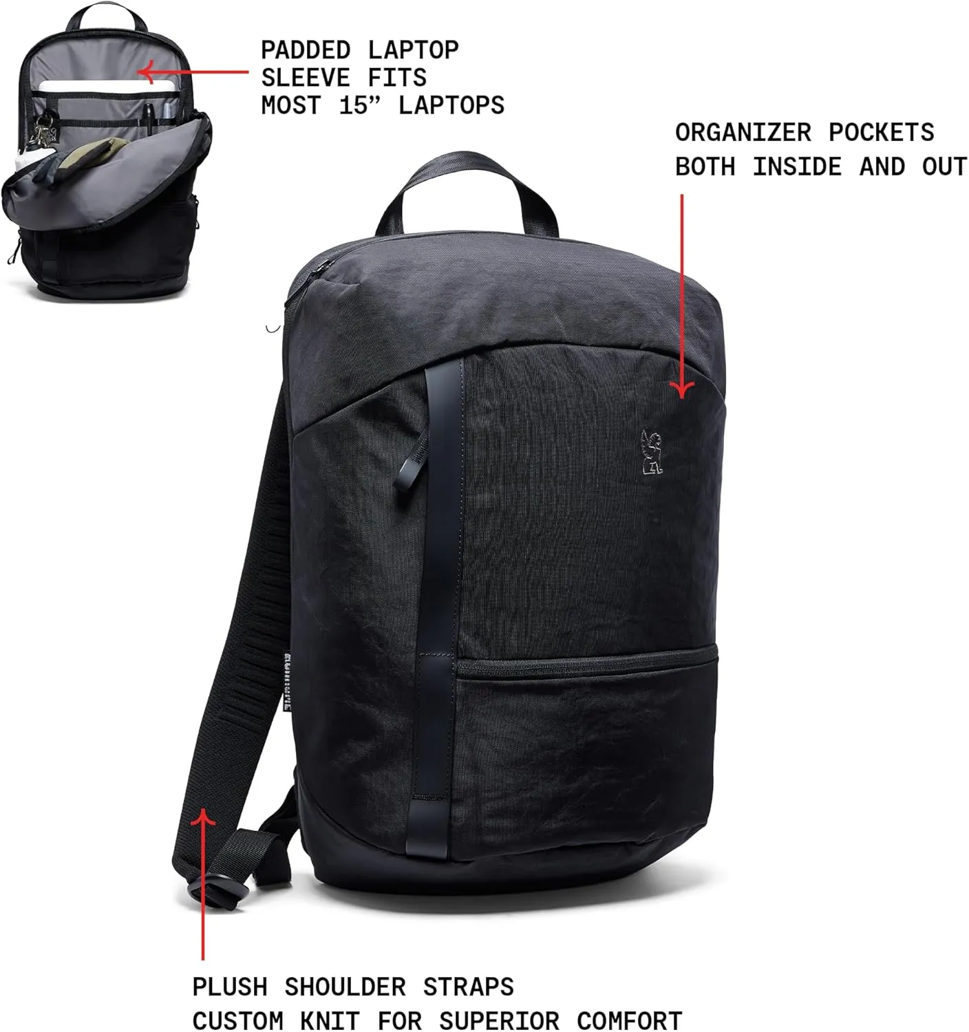 Chrome Industries Camden Backpack – 16L Travel Bag for Men and Women with Plush Knit Shoulder Straps Recycled Materials and Internal Laptop Sleeve – Black