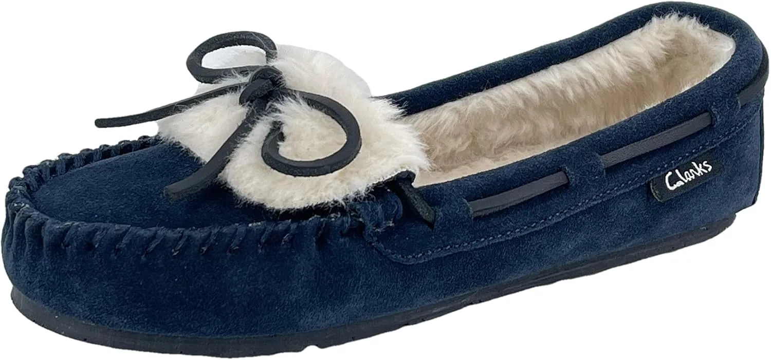 Clarks Womens Folded Tongue Leather Moccasin Slipper ICH30746C - Plush Faux Fur Lining - Indoor Outdoor House Slippers For Women (9 M US, Navy)