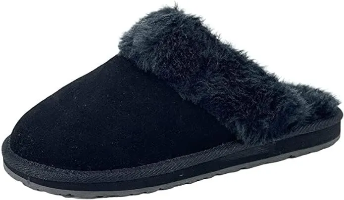 CLARKS Womens Open Back Suede Leather Comfort Clog Slipper JMS0583C - Plush Faux Fur Trim Indoor Outdoor House Slippers for Women (Black Premium Suede, 7)