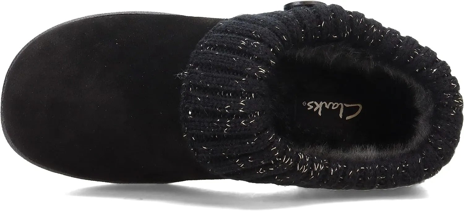 Clarks Womens Slipper Suede Leather Knitted Collar Clog Slippers - Plush Faux Fur Lining