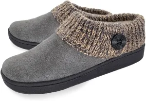 Clarks Womens Suede Leather Comfort Clog Knitted Collar Slipper - Plush Faux Fur Trim - Indoor Outdoor House Slippers For Women (Grey/Beige 7M)