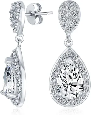Classic Bridal Simple Cubic Zirconia Teardrop AAA CZ Dangle Drop Earrings For Women Prom 14K Gold Plated .925 Sterling Silver 6 12MM