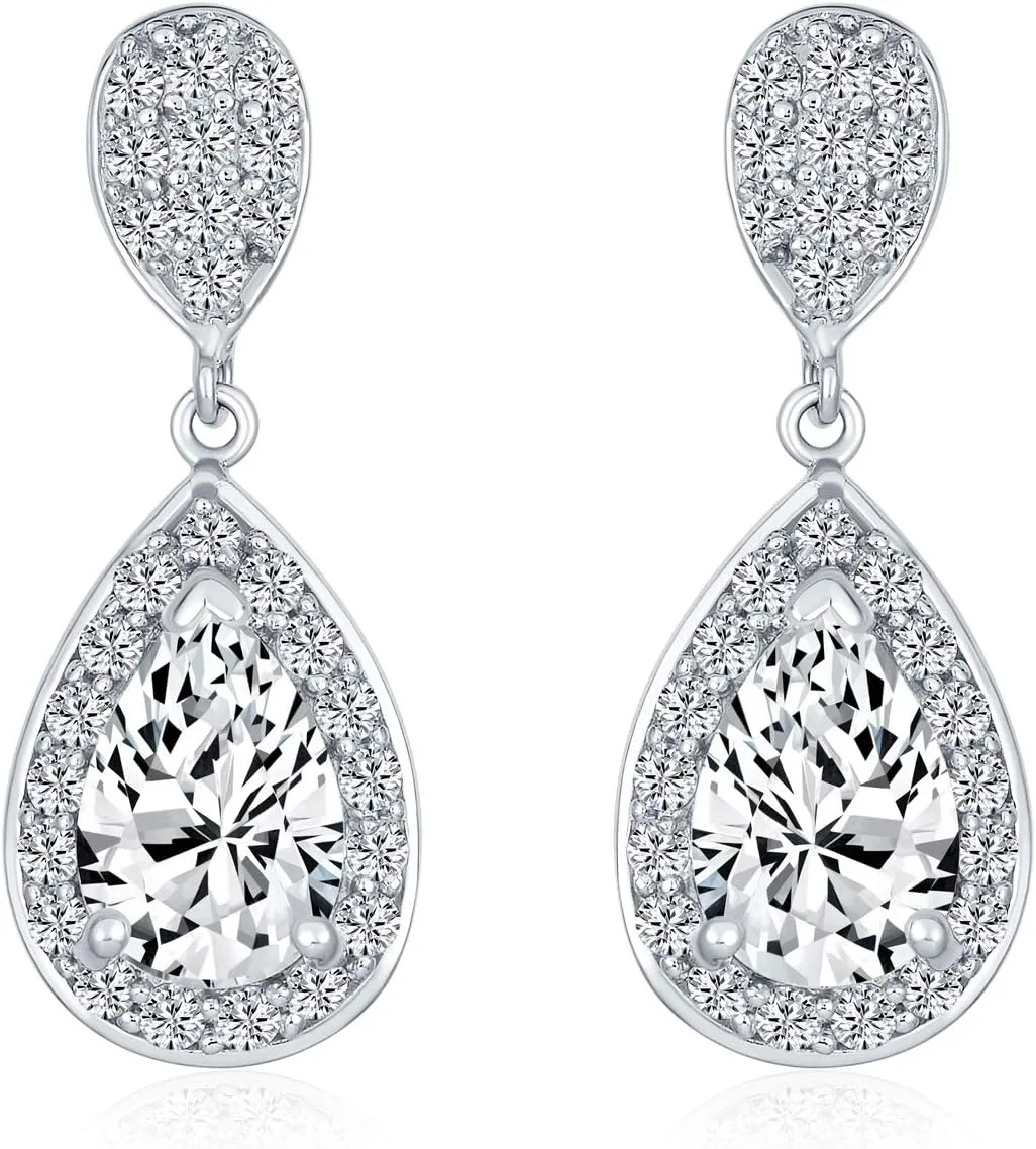Classic Bridal Simple Cubic Zirconia Teardrop AAA CZ Dangle Drop Earrings For Women Prom 14K Gold Plated .925 Sterling Silver 6 12MM