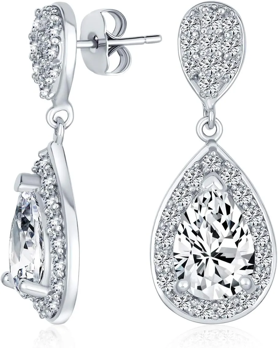 Classic Bridal Simple Cubic Zirconia Teardrop AAA CZ Dangle Drop Earrings For Women Prom 14K Gold Plated .925 Sterling Silver 6 12MM