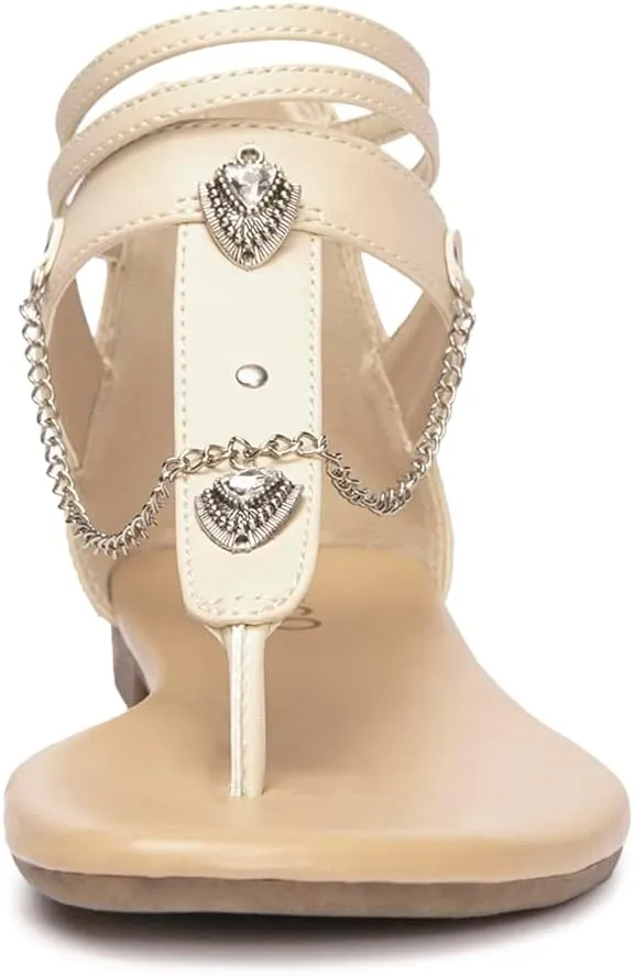 Colgo Thong Flat Sandals with Chain, Ankle Strap Zip Closure Flat Sandals, Women's Casual Sandals for Summer Party