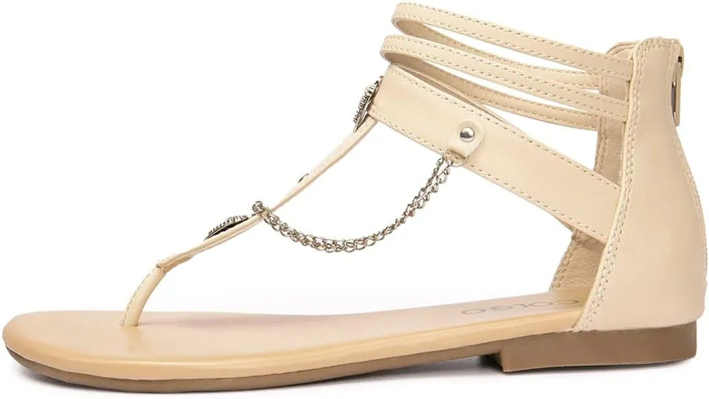 Colgo Thong Flat Sandals with Chain, Ankle Strap Zip Closure Flat Sandals, Women's Casual Sandals for Summer Party