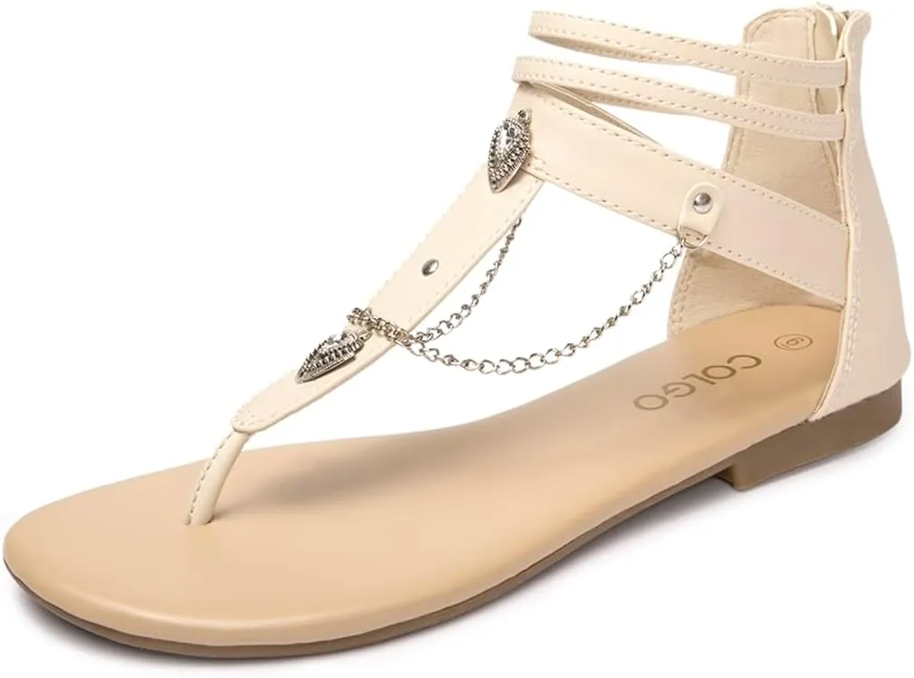 Colgo Thong Flat Sandals with Chain, Ankle Strap Zip Closure Flat Sandals, Women's Casual Sandals for Summer Party