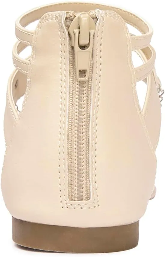 Colgo Thong Flat Sandals with Chain, Ankle Strap Zip Closure Flat Sandals, Women's Casual Sandals for Summer Party