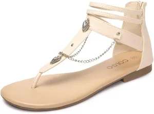 Colgo Thong Flat Sandals with Chain, Ankle Strap Zip Closure Flat Sandals, Women's Casual Sandals for Summer Party