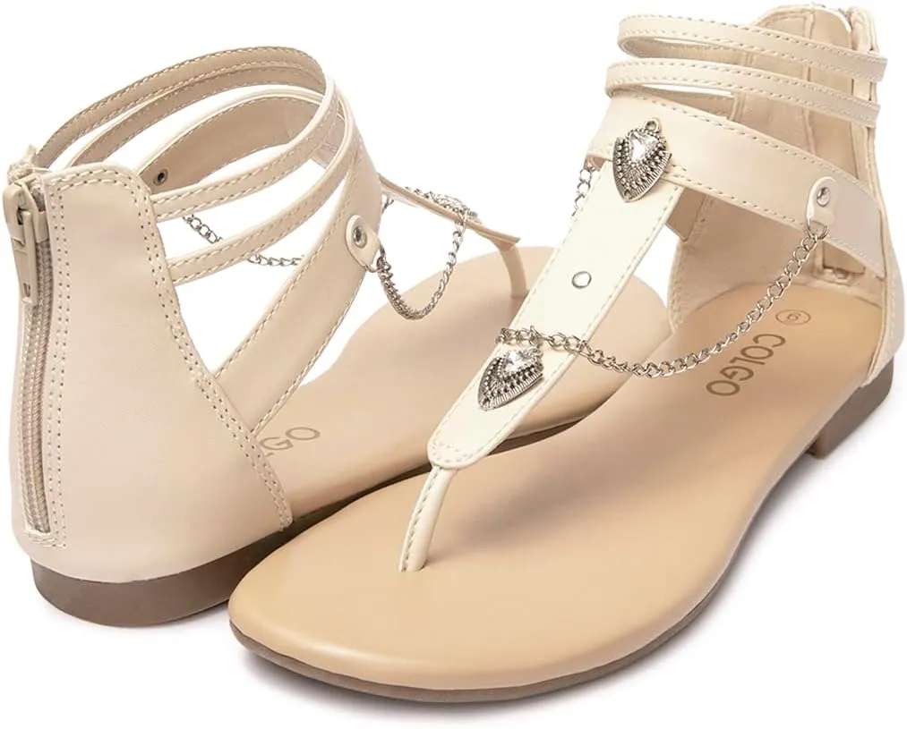 Colgo Thong Flat Sandals with Chain, Ankle Strap Zip Closure Flat Sandals, Women's Casual Sandals for Summer Party