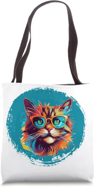 Colorful portrait of a cat wearing glasses Tote Bag