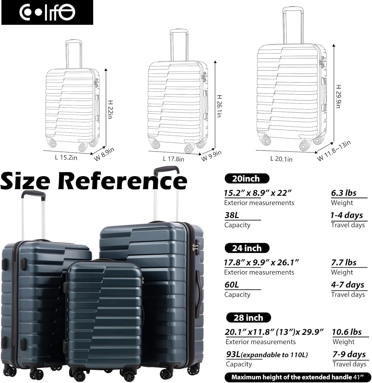 Coolife Luggage Expandable Suitcase set PC ABS TSA Lock Spinner Carry on 3 Piece Sets (brown)