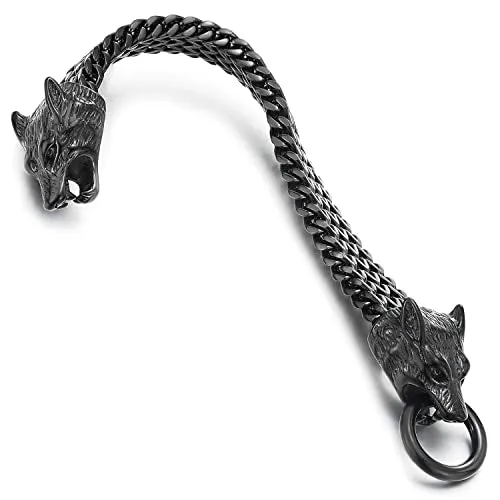 COOLSTEELANDBEYOND Biker Mens Stainless Steel Wolf Head Franco Link Curb Chain Bracelet with Spring Ring Clasp