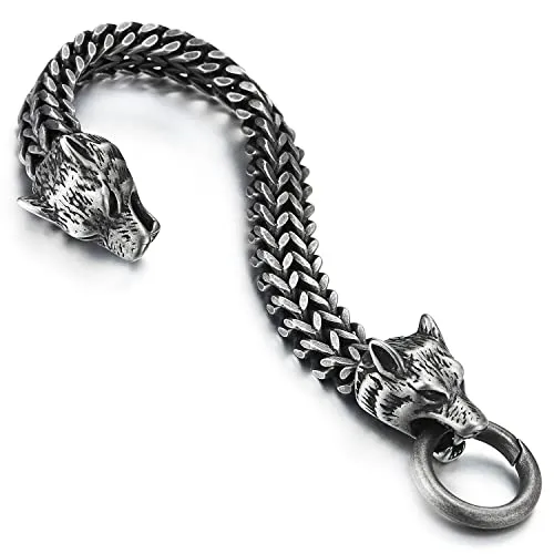 COOLSTEELANDBEYOND Biker Mens Stainless Steel Wolf Head Franco Link Curb Chain Bracelet with Spring Ring Clasp