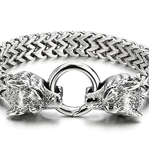 COOLSTEELANDBEYOND Biker Mens Stainless Steel Wolf Head Franco Link Curb Chain Bracelet with Spring Ring Clasp