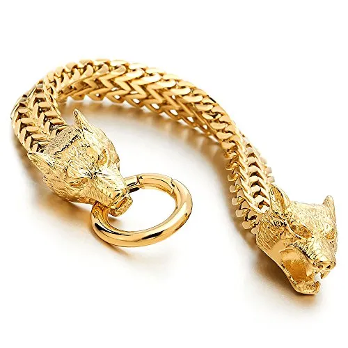 COOLSTEELANDBEYOND Biker Mens Stainless Steel Wolf Head Franco Link Curb Chain Bracelet with Spring Ring Clasp
