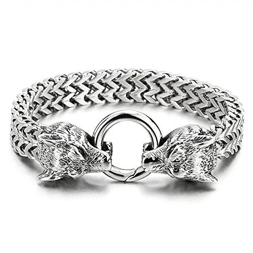 COOLSTEELANDBEYOND Biker Mens Stainless Steel Wolf Head Franco Link Curb Chain Bracelet with Spring Ring Clasp