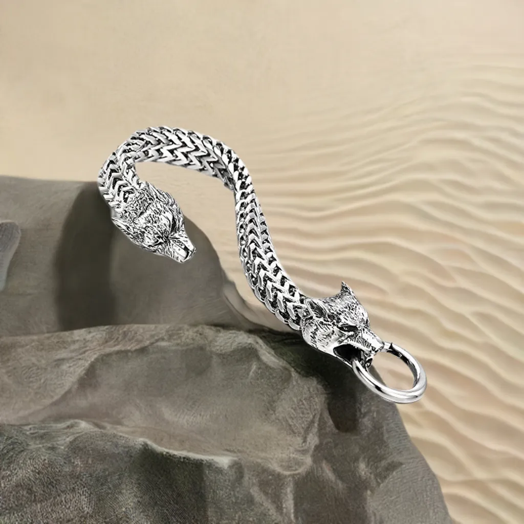 COOLSTEELANDBEYOND Biker Mens Stainless Steel Wolf Head Franco Link Curb Chain Bracelet with Spring Ring Clasp