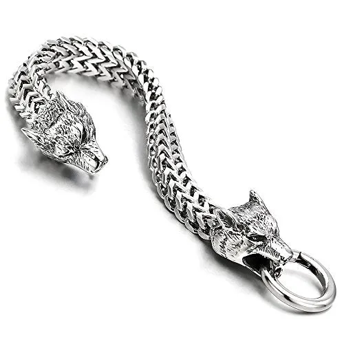 COOLSTEELANDBEYOND Biker Mens Stainless Steel Wolf Head Franco Link Curb Chain Bracelet with Spring Ring Clasp