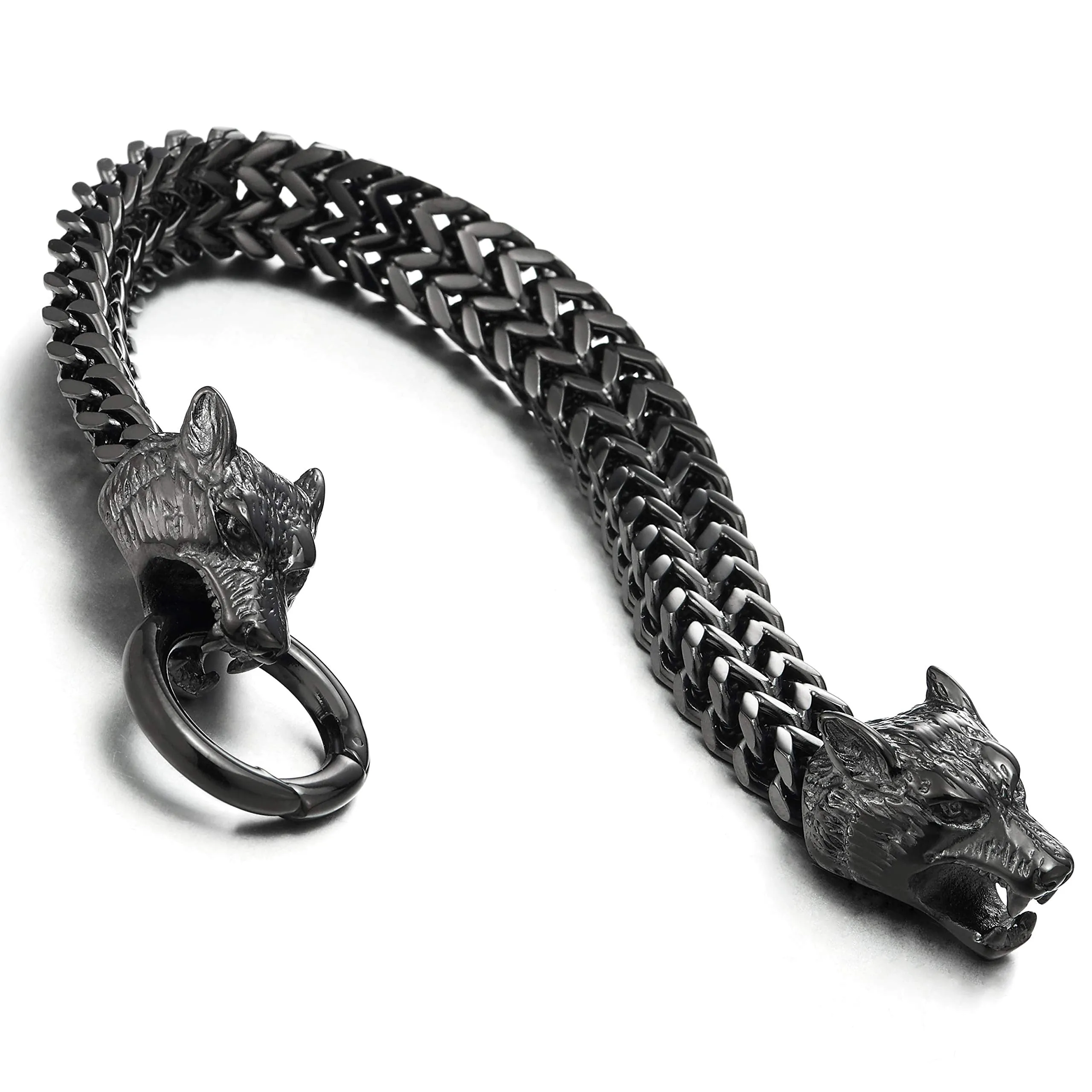 COOLSTEELANDBEYOND Biker Mens Stainless Steel Wolf Head Franco Link Curb Chain Bracelet with Spring Ring Clasp
