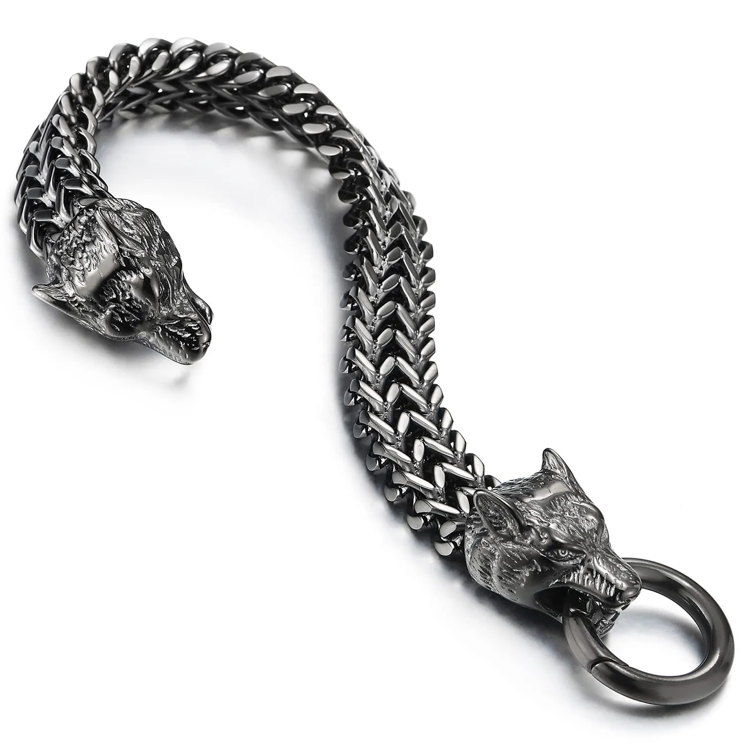 COOLSTEELANDBEYOND Biker Mens Stainless Steel Wolf Head Franco Link Curb Chain Bracelet with Spring Ring Clasp