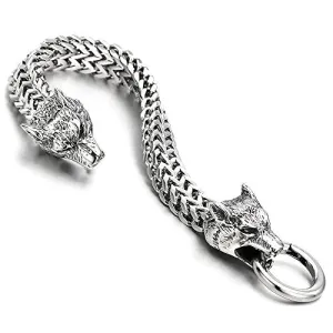 COOLSTEELANDBEYOND Biker Mens Stainless Steel Wolf Head Franco Link Curb Chain Bracelet with Spring Ring Clasp