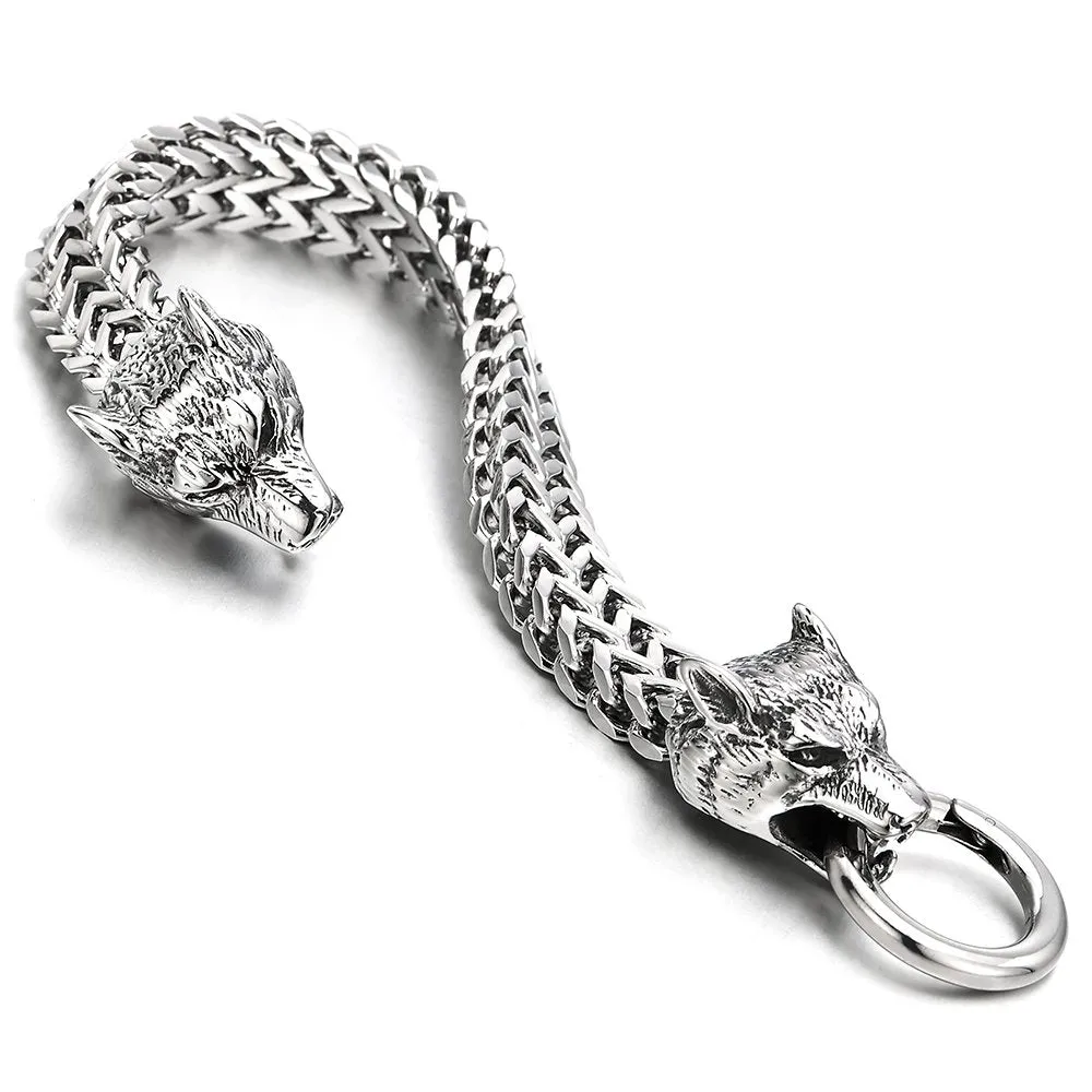 COOLSTEELANDBEYOND Biker Mens Stainless Steel Wolf Head Franco Link Curb Chain Bracelet with Spring Ring Clasp